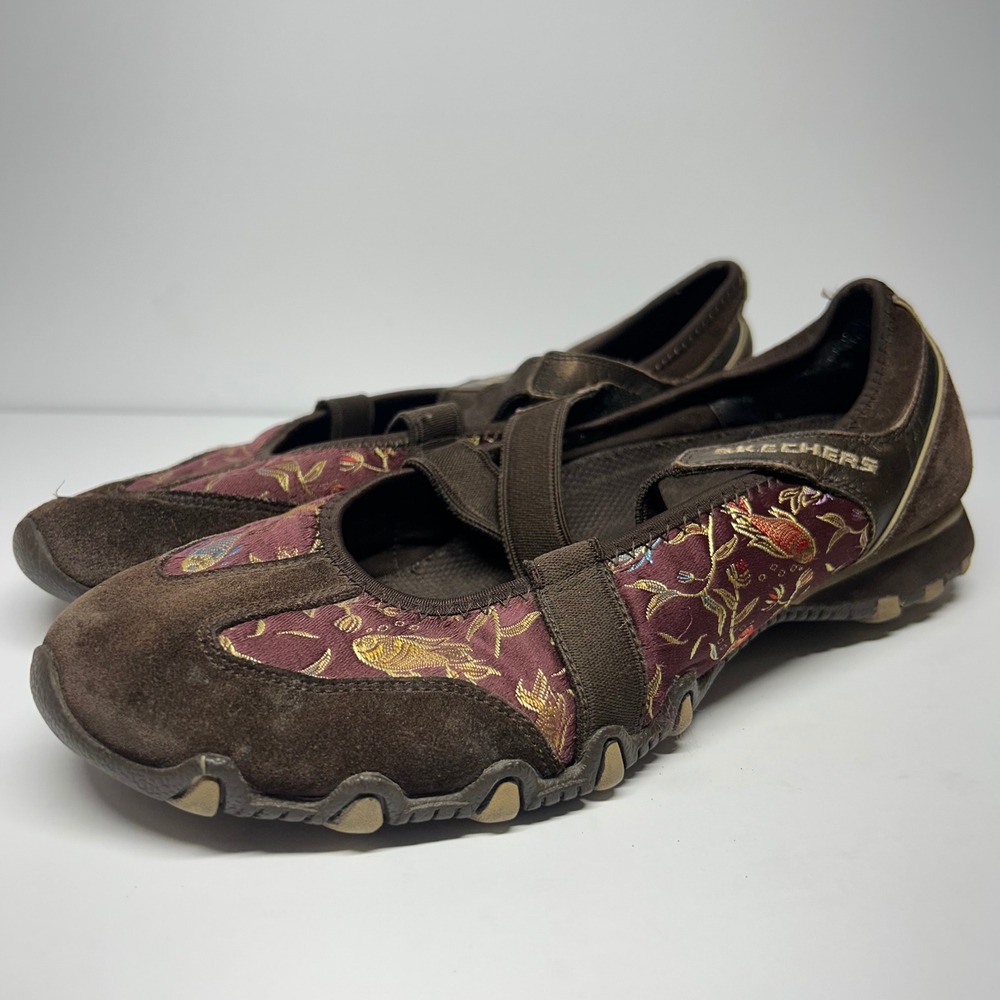 Skechers Mary Jane Burgundy Floral Brocade Brown Suede Women Size 10 Flats